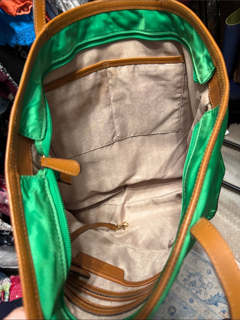 MICHAEL Michael Kors Bright Green Nylon Tote with Brown Leather Trim - Picture 2 of 6